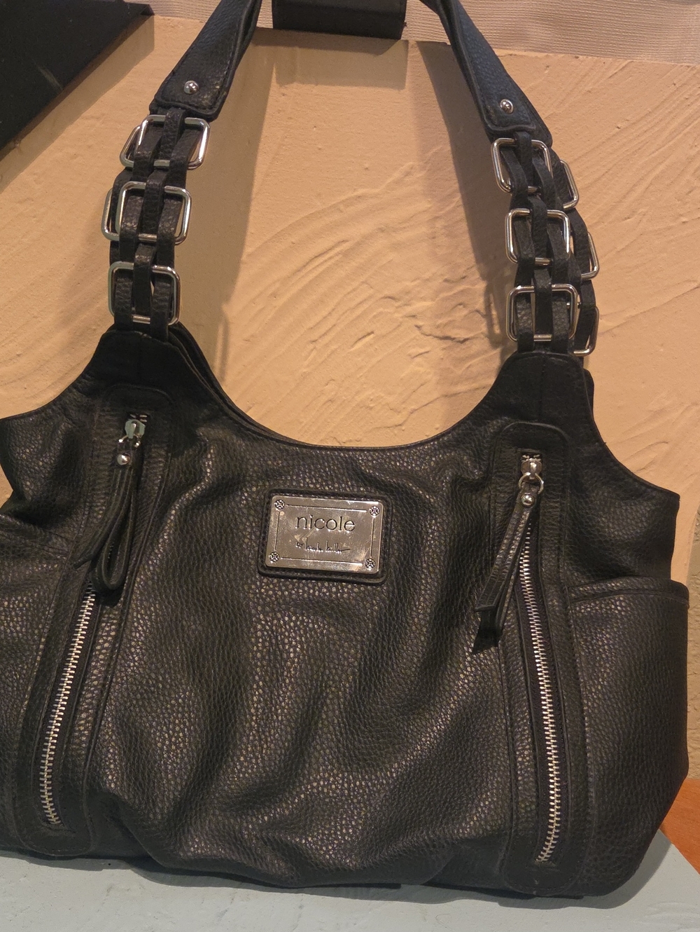 Nicole by Nicole Miller Black Pebbled Shoulder Bag with Chain-Link Straps